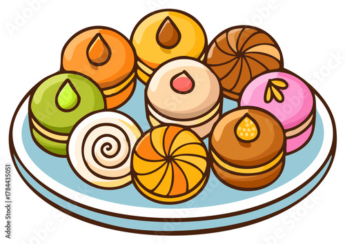 A colorful assortment of cute cartoon macarons and sweet pastries on a plate illustration