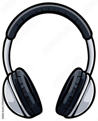 Modern black and grey over-ear headphones in a bold comic book style vector illustration for music and audio concepts