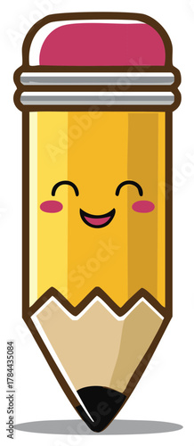 Cute cartoon pencil with a happy face and eraser perfect for education and creativity