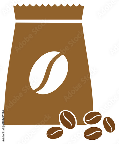 Minimalist coffee bag icon with a bean logo and loose roasted beans