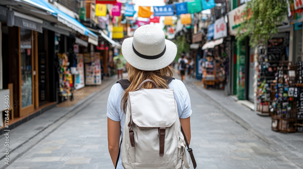 Fototapeta premium Young woman wearing hat and backpack walking down colorful market street