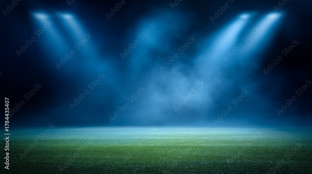 Obraz premium Under a dark sky, bright lights shine down on a green grass field of a sports stadium, setting the scene for an unforgettable night of competition and excitement