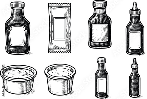 Hand drawn black and white condiment and sauce illustration with ketchup bottles, mustard, dip cups and packet design
