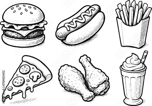 Vintage hand drawn fast food sketch featuring burger, hot dog, french fries, pizza slice, fried chicken, and milkshake in retro style