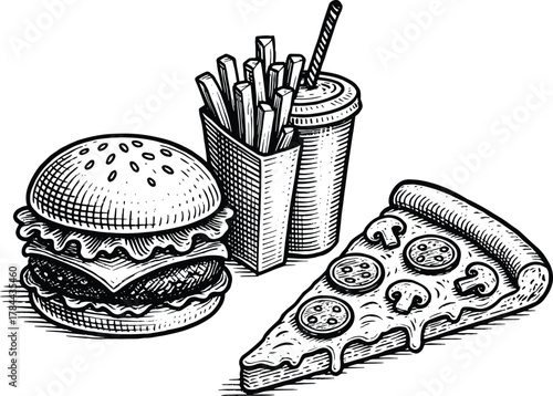 Hand drawn black and white fast food combo illustration with burger, pizza slice, fries and soft drink cup