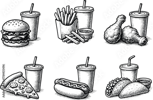 Hand drawn black and white fast food combo illustration featuring burger, pizza, taco, fries, hotdog, chicken and drinks