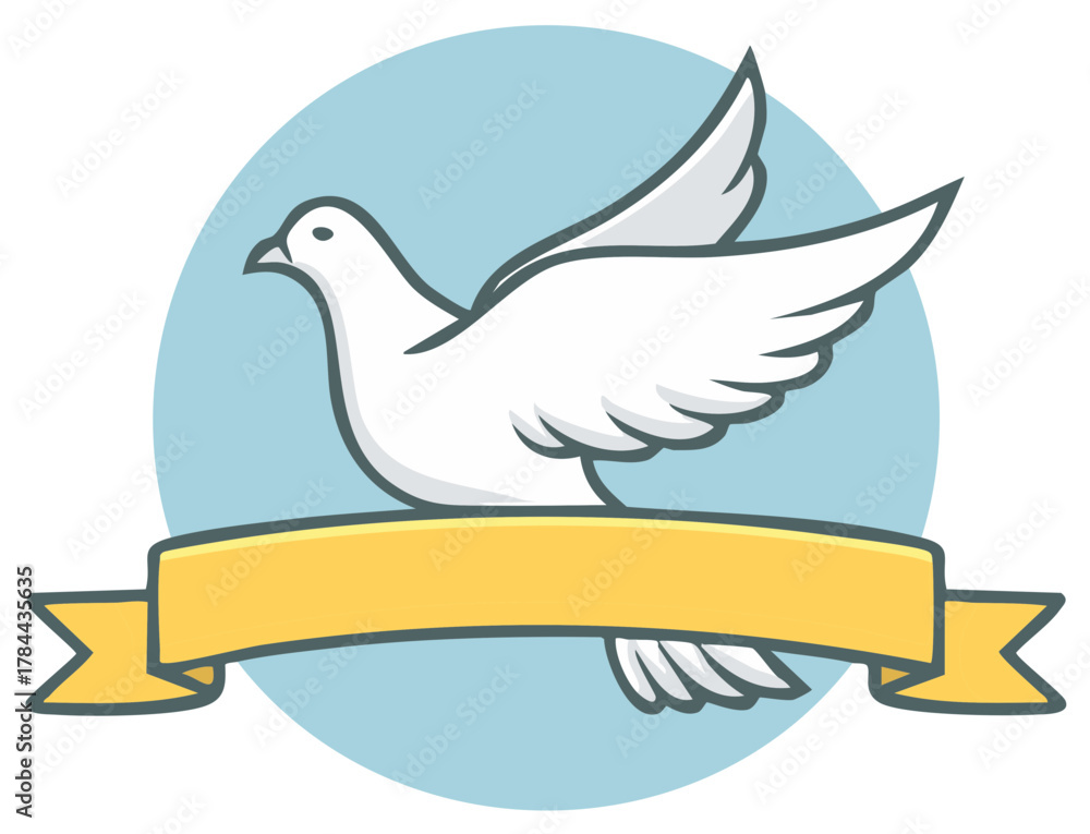 Obraz premium Stylized white dove with outstretched wings carries a blank yellow ribbon across a sky blue circle
