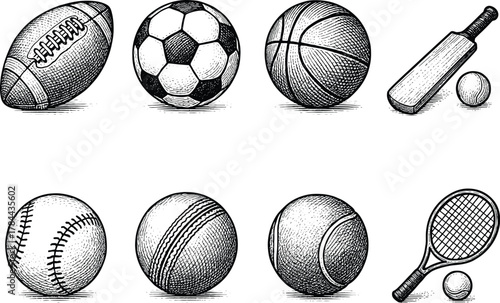 Vintage hand drawn sports balls and equipment set including rugby, soccer, basketball, cricket, tennis, and baseball in retro sketch style