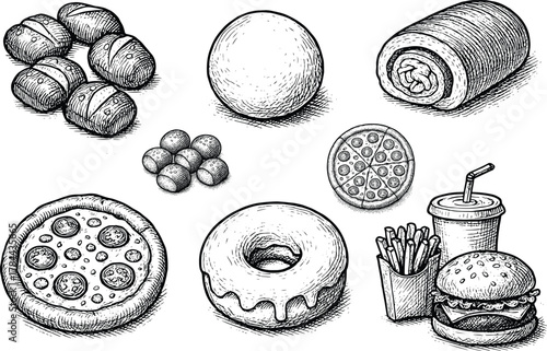 Hand drawn vintage fast food illustration with burger, fries, drink, pizza, donut and bakery desserts on white background
