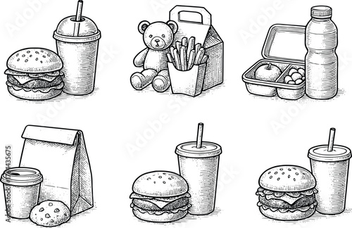 Hand drawn vintage illustration of fast food combo meals, lunch boxes, takeaway coffee, burger, drink, fries, and kids meal set