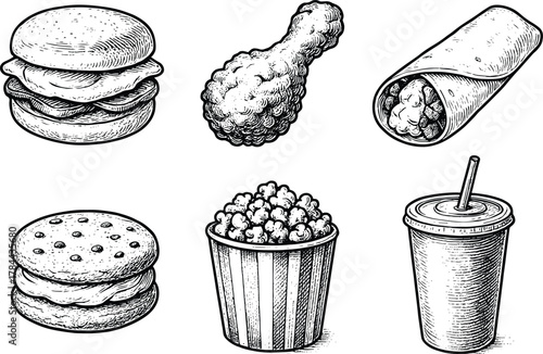 Vintage hand drawn sketch of fast food items including burger, fried chicken, wrap, popcorn bucket, soda drink, and cookie sandwich