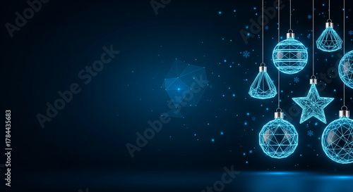 Horizontal glowing wireframe Christmas ornaments hanging from metallic strings on the right side.