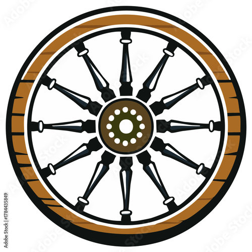 Old wooden wagon wheel vector illustration. Rustic vintage cartwheel symbol for western or farm theme.