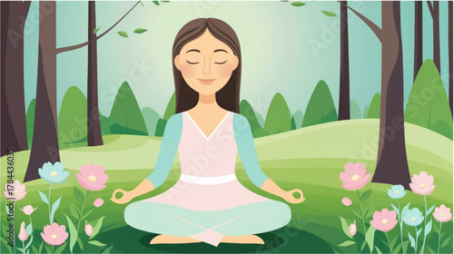 An illustration of a serene woman sitting outdoors in a lush, green forest or park, practicing meditation in the lotus position. Her eyes are closed, and she appears peaceful and relaxed, symbolizing 
