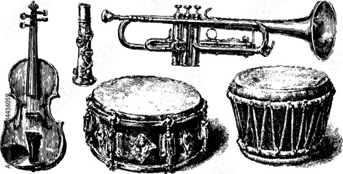 Set of musical instruments: trumpet, violin, drum, clarinet in a hand-drawn style. Black outline vector illustration capturing classical music.