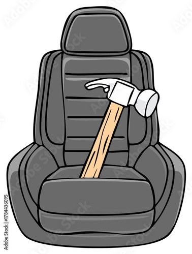 Cartoon Car Seat with Hammer, Repair Concept, Auto Restoration, Interior Maintenance, Automotive Upgrade, Vehicle Refurbishing