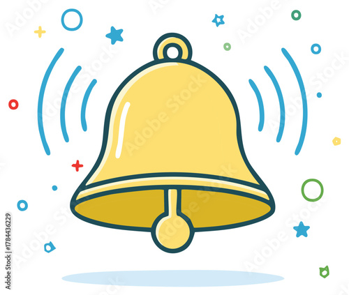 Ringing Golden Bell Notification with Soundwaves and Colorful Decorations