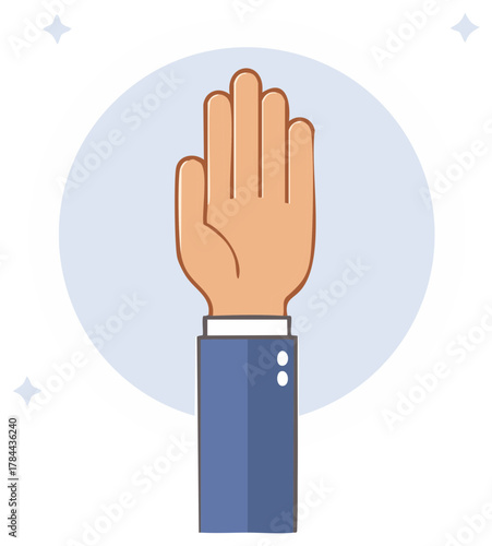 Raised hand in suit requesting halt with a cartoon style design