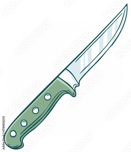 Cartoon illustration of a sharp kitchen knife with a light green handle