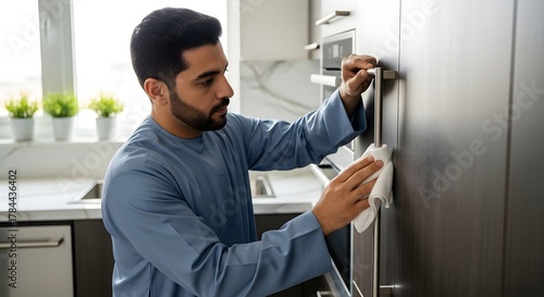A man cleaning a modern kitchen cabinet with a cloth and spray in a bright, minimalistic kitchen environment