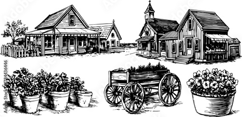 Vintage farmhouse and garden vector illustration featuring houses, flower pots, and a cart. Classic black and white artwork of rural outdoor scenery.