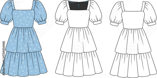 Women puff sleeve dress fashion design, square neckline tiered skirt flat sketch, CAD drawing vector illustration, apparel technical template, clothing mockup