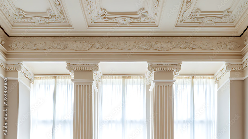 Obraz premium Sophisticated architectural interior featuring ornate ceiling details, stately columns, and a bright window, creating an elegant and classic ambiance. Refined design.