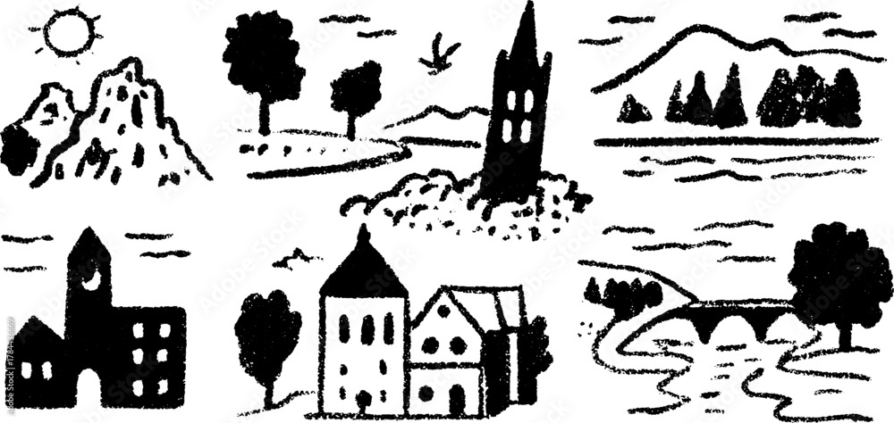 Fototapeta premium Landscape vector illustration featuring hills, trees, and a river. Simple black and white drawing of buildings and a bridge in a peaceful rural set.