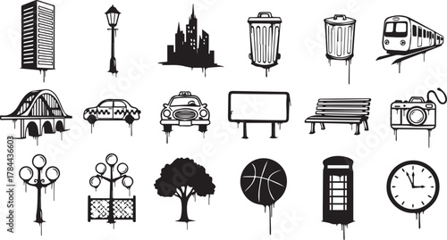 Black and white dripping urban icons set including taxi, building, street light, basketball, and subway vector.