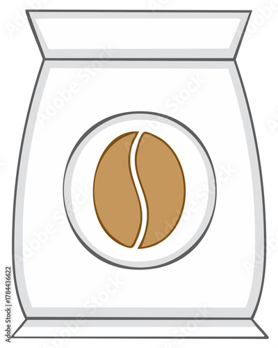 Illustrated simple white coffee bag package with a brown roasted coffee bean icon symbol