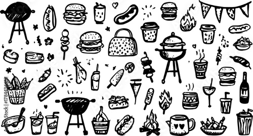 Barbecue food illustrations including a burger, hotdog, and drinks. Simple black doodle style vector set for summer celebrations.