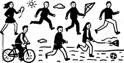 Children playing outdoor activities: biking, running, and flying a kite in a black and white vector illustration set.
