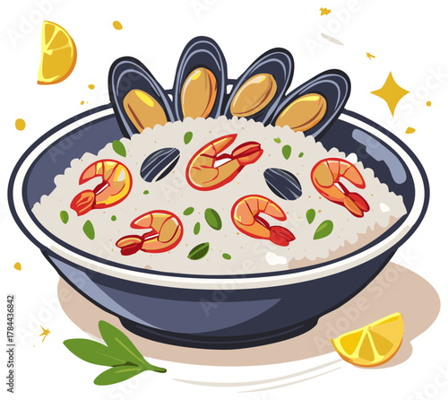 Delicious Seafood Paella Served in a Bowl with Mussels, Shrimps, and Lemons - Appetizing Dish Illustration