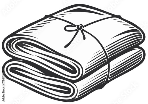 Vintage woodcut style illustration of folded newspapers tied in a bundle with string.
