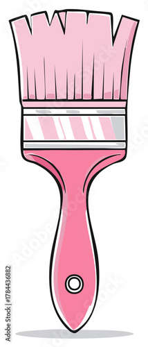 A pink paintbrush with a thick bristled head and a smooth tapered handle isolated on white