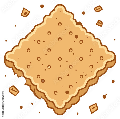Salty square cracker biscuit with crumbs vector illustration