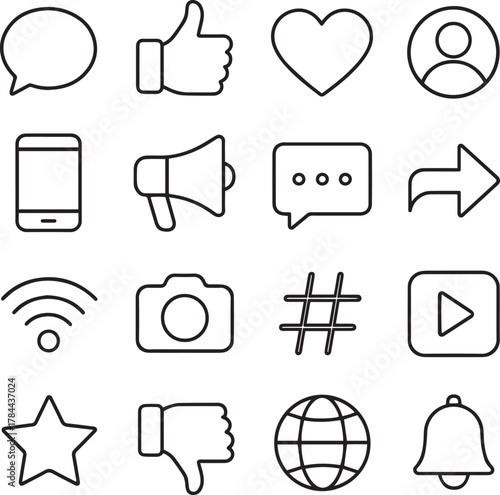 Vector monochrome line icon set about social media