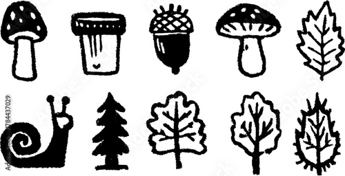 Mushroom, acorn, snail, and tree illustrations in a vintage style. Hand-drawn vector illustration set depicting elements of nature.