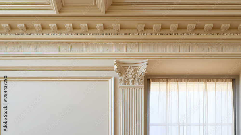 Obraz premium A stunning interior showcases intricate architectural details, with ornate crown molding and a fluted column, harmonizing classic design with a bright ambiance.