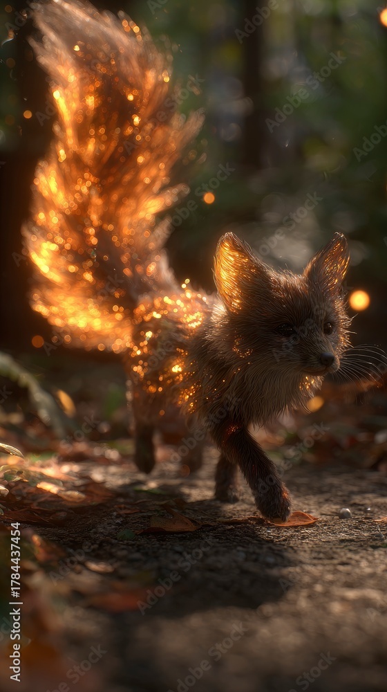 Obraz premium Enchanted Fox with Glittering Tail in Magical Forest Environment