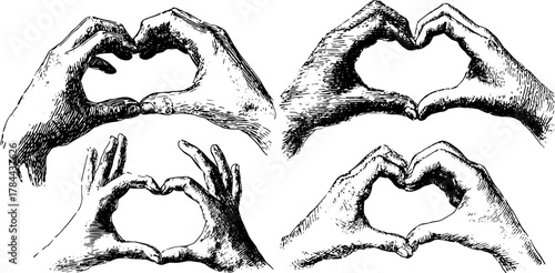 Illustration of hands forming a heart shape. Vintage vector artwork emphasizing connection in a classic style.