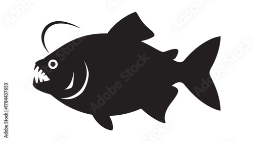 Anglerfish silhouette vector illustration deep sea predator with bioluminescent lure isolated on white background