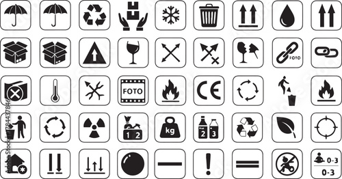 Collection of logistics symbols, packaging handling icons, and international warning signs vector set