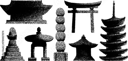 Traditional Japanese temple and shrine silhouettes in black and white. Vector illustration set designed for cultural representation.
