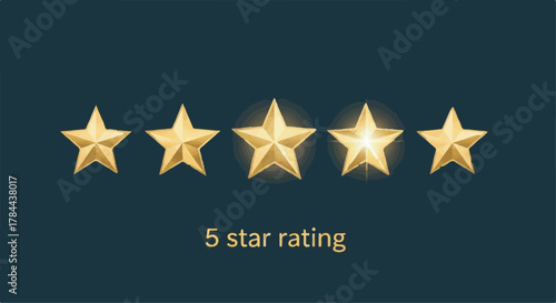 Premium five golden stars rating icon and 5 star rating text on dark background