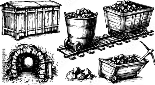 Mining equipment set including a cart, pickaxe, and tunnel in vintage line drawing style. This black and white vector illustration highlights mining elements.