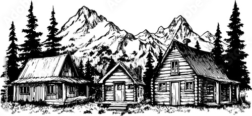 Cabin houses set in a mountainous landscape. Black and white vector illustration featuring trees and a rural outdoor scene.