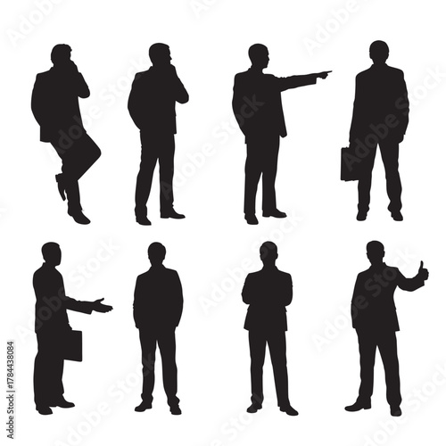Set of Businessmen Silhouettes in Suits with Various Poses, Gestures, and Briefcase