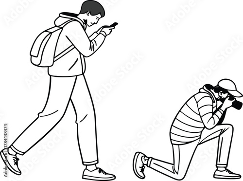Capturing moments a traveler with a phone and photographer with camera expressing creativity and passion for travel photography in line art style
