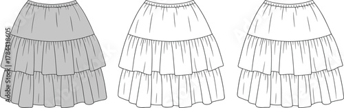 Women tiered skirt fashion design, technical flat sketch, CAD drawing vector illustration, layered ruffle apparel template, clothing mockup, garment construction